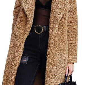 Women's Fuzzy Fleece Lapel Open Front Long Cardigan Coat Faux Fur Warm Winter Ou
